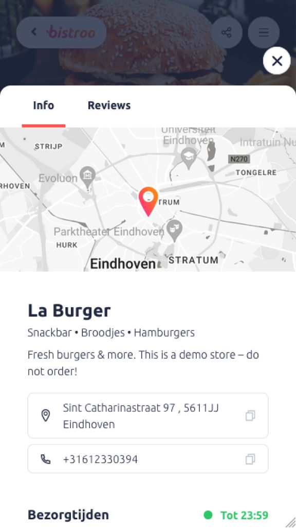 Bistroo restaurant page - restaurant info modal