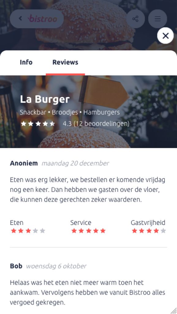 Bistroo restaurant page - reviews modal